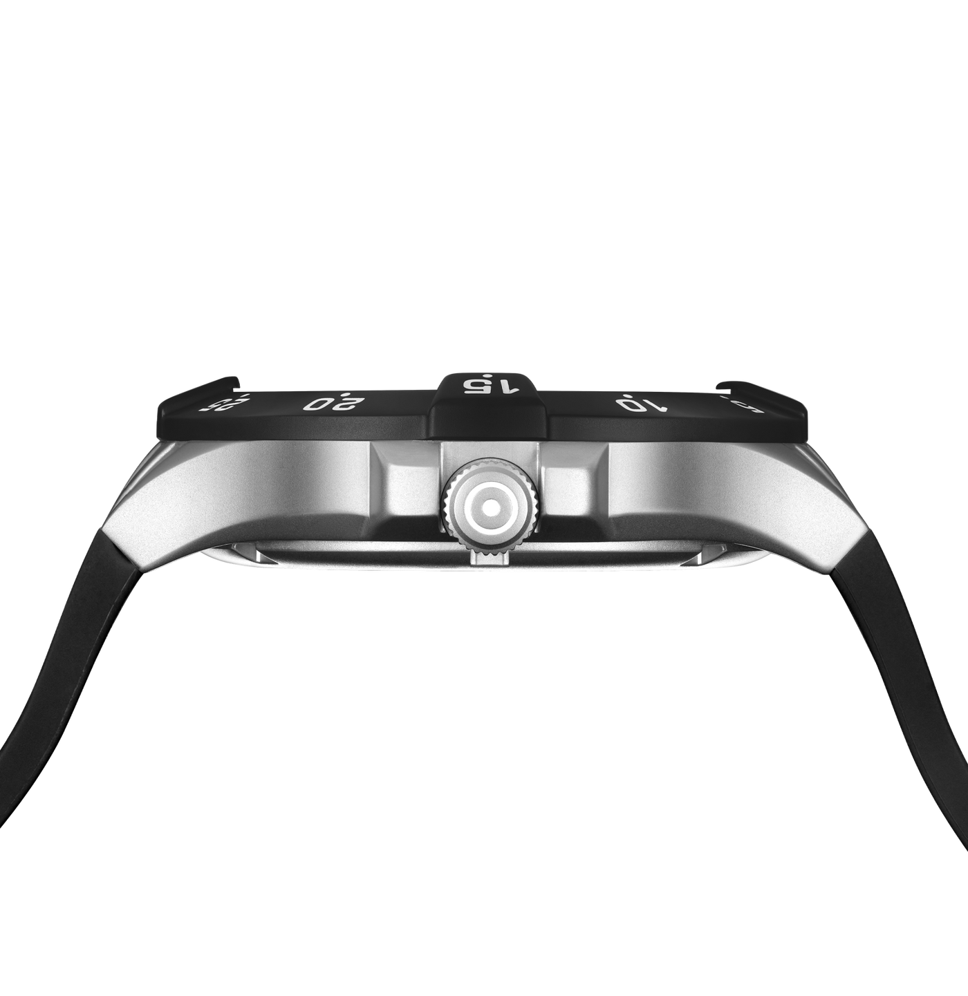 Close-up side view of a watch with a black bezel and strap, featuring a silver-toned metal case and a central rotating bezel, on a plain white background.