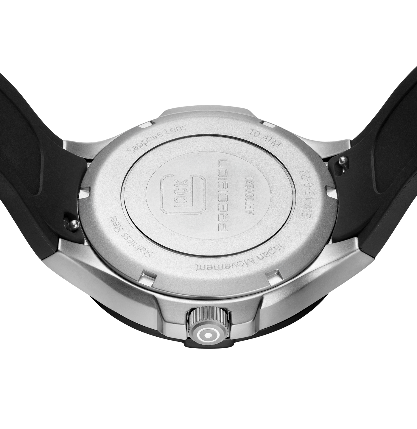 The back of a wristwatch with a silver stainless steel case and a black rubber strap, featuring the brand name PRESENT on the metal back.