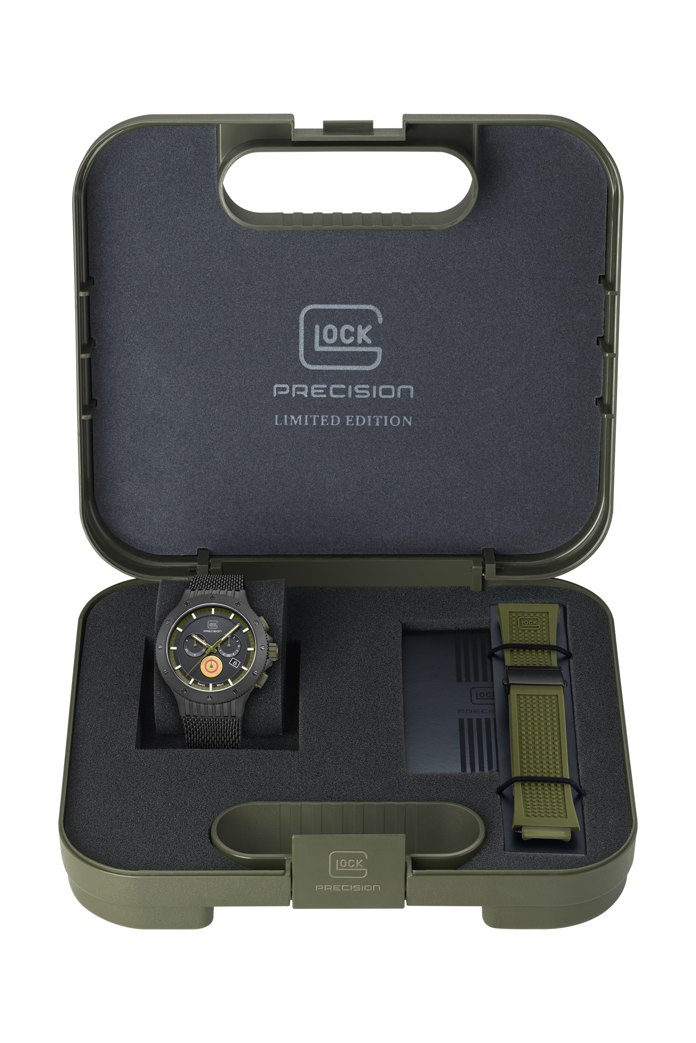Lock watch in a black and green case on a white background