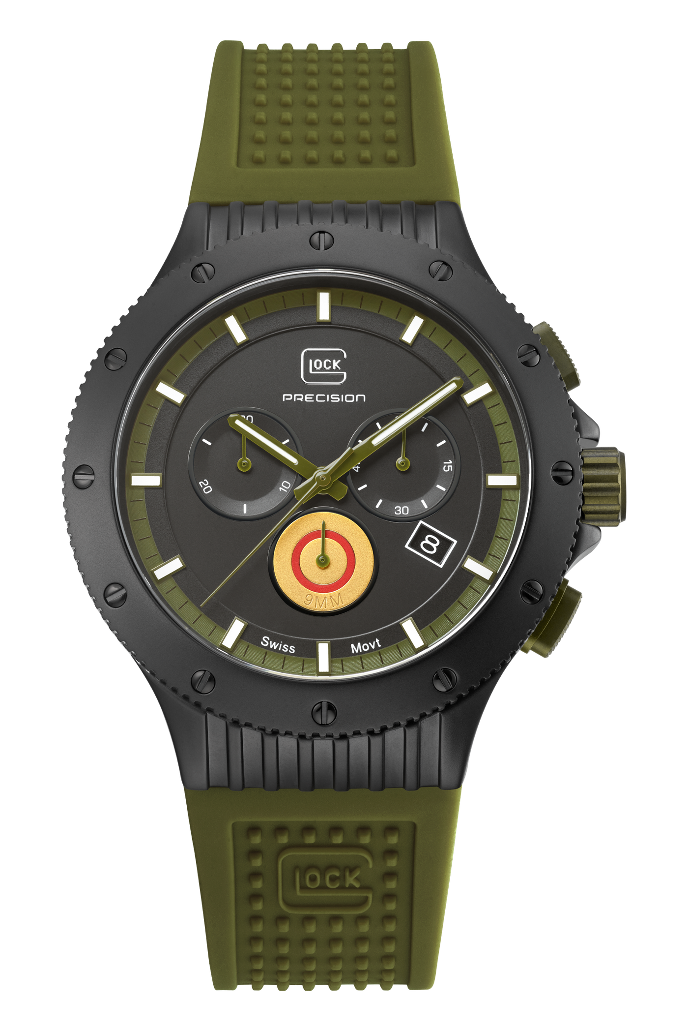 Green and black watch with detailed face on a white background