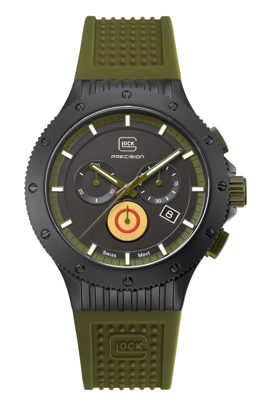 Green and black watch with detailed face on a white background