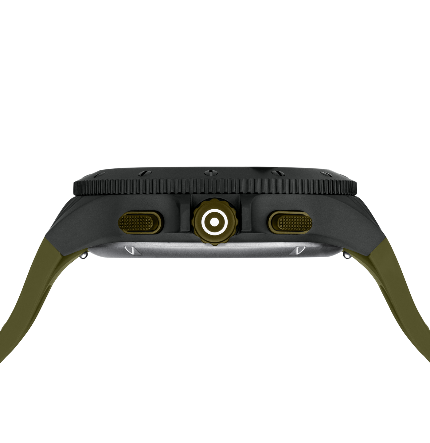 Close-up crown view of a watch with a matte black case and olive green strap, showing the side buttons.