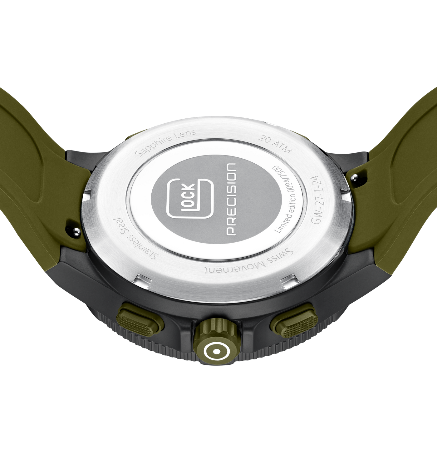 Close-up rear view of a Glock watch with an olive green strap and a silver stainless steel case back, showing the brand name Glock Precision.