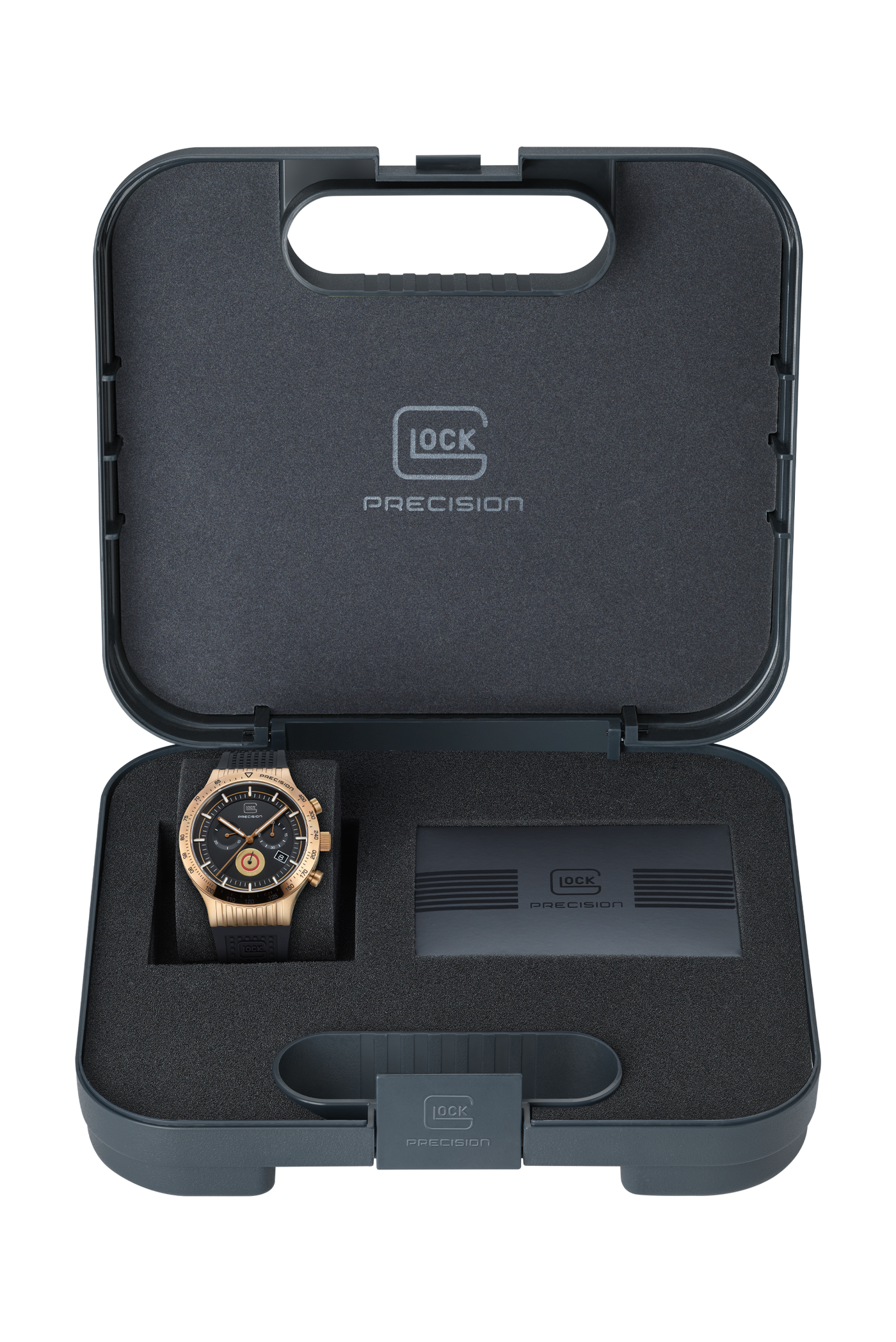 A G-LOCK Precision watch with a rose gold-toned case and black dial is displayed inside an open black presentation case with a foam insert, alongside a black G-LOCK branded accessory block.