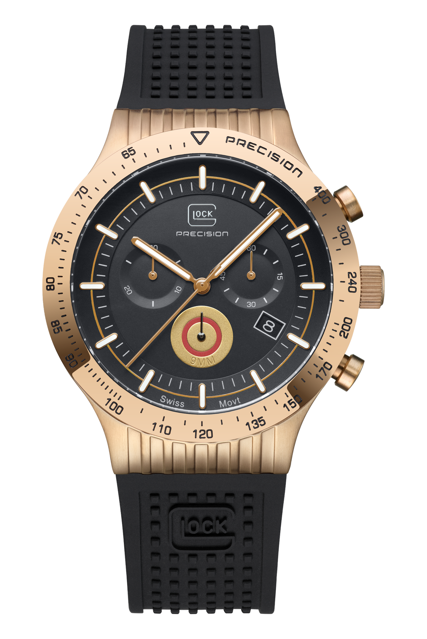 A Gock Precision chronograph watch with a rose gold-tone case, black dial, and black textured strap, shown on a plain white background.