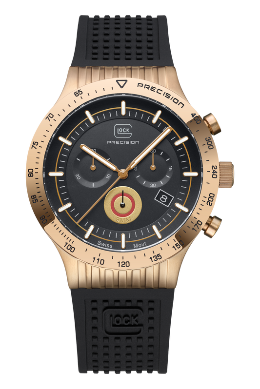 A Gock Precision chronograph watch with a rose gold-tone case, black dial, and black textured strap, shown on a plain white background.
