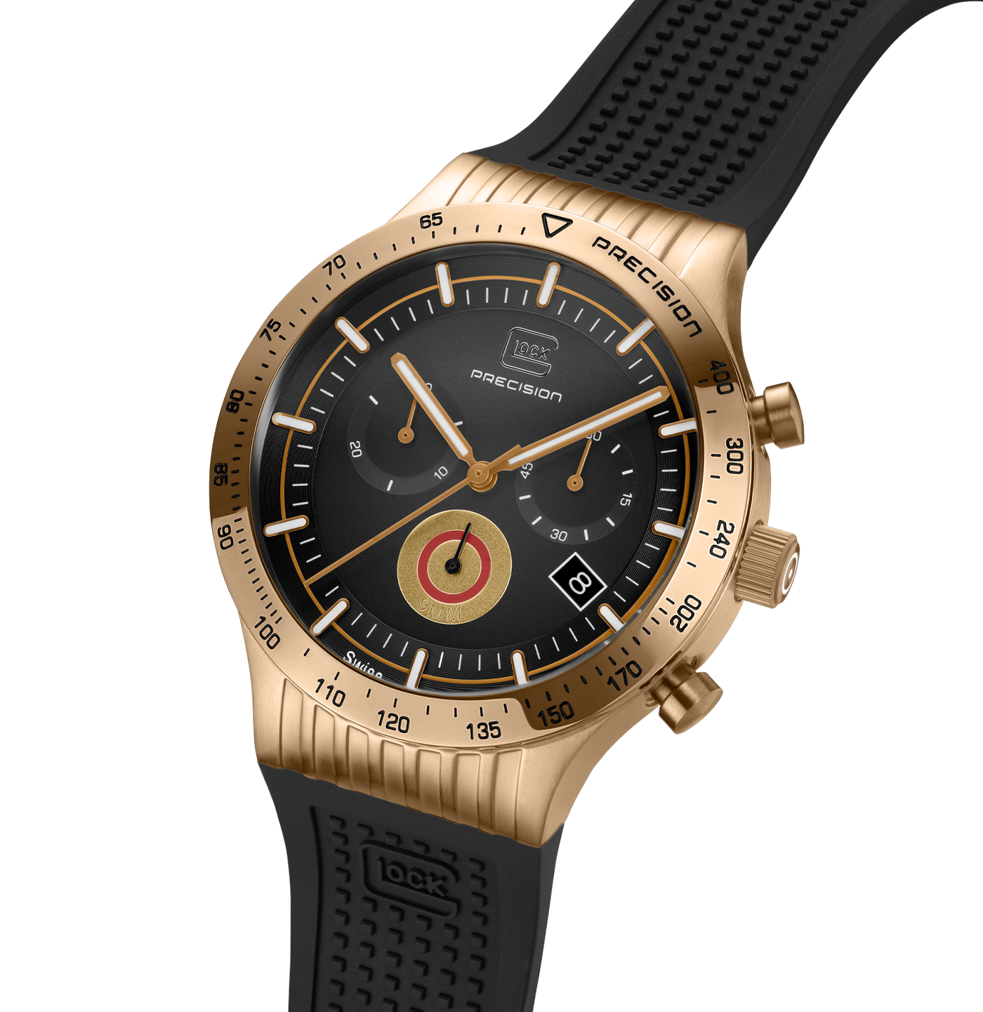 A wristwatch with a brushed rose gold-tone case, black dial, black bezel markings, and a black textured silicone strap. The watch has three subdials, a date window, and a rotating bezel.
