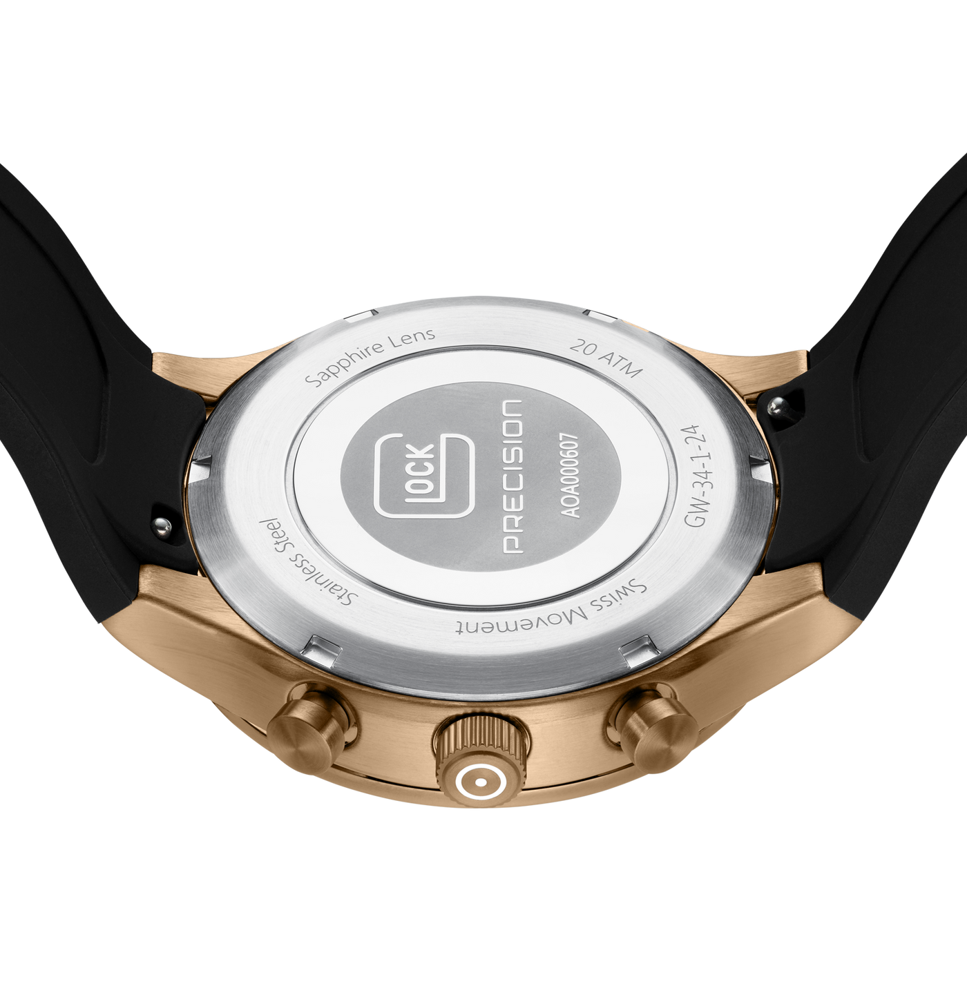Close-up of the back of a smartwatch with a black strap, showing a brushed silver case back engraved with text including 'Sapphire Lens', '20 ATM', 'Swiss Movement', and 'precision'. The watch has a rose-gold-toned bezel and side buttons.