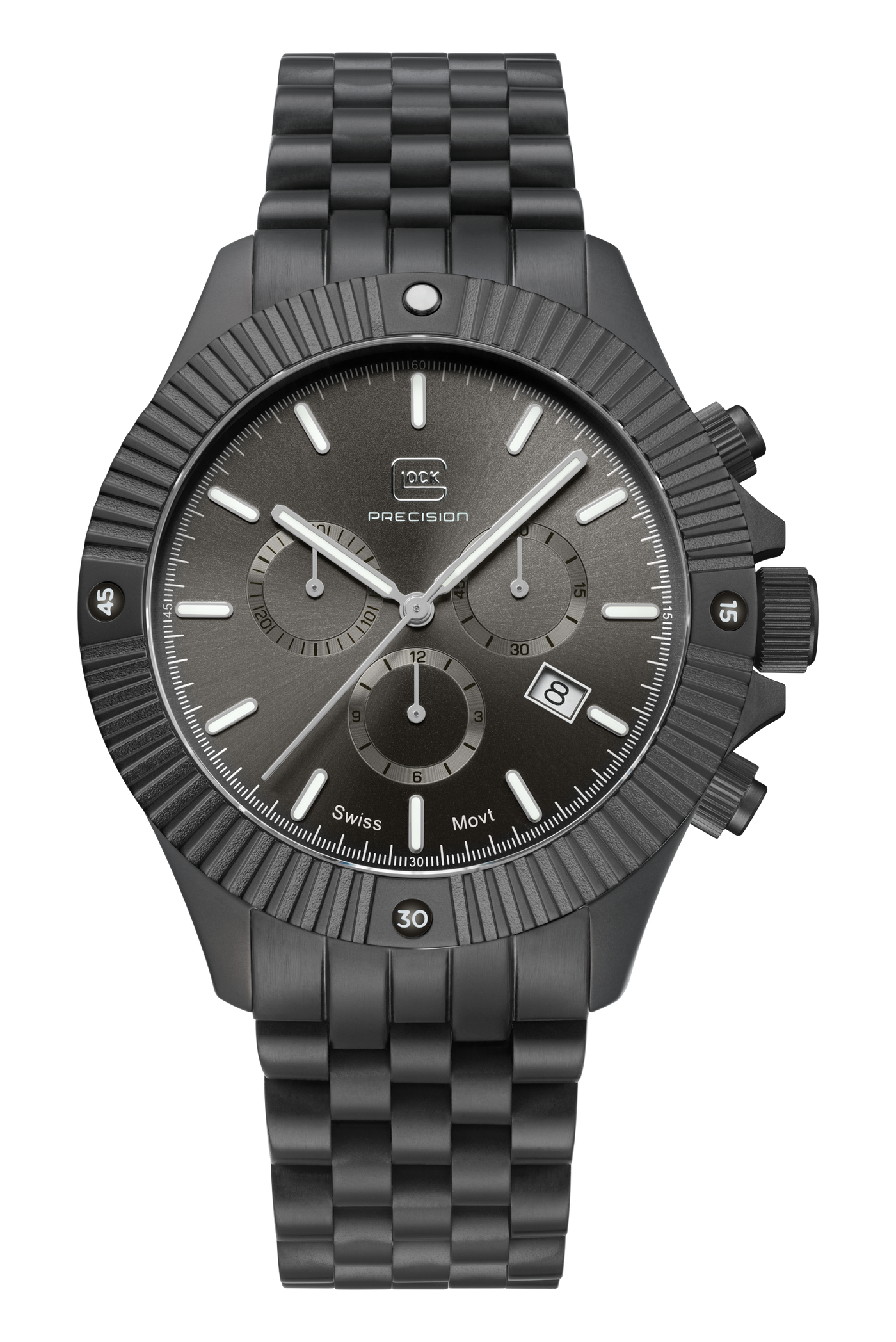 A PRECISION Swiss Montblanc chronograph watch with a dark gunmetal gray and black stainless steel case and integrated link bracelet, featuring a dark gray dial with white indices and a date window.