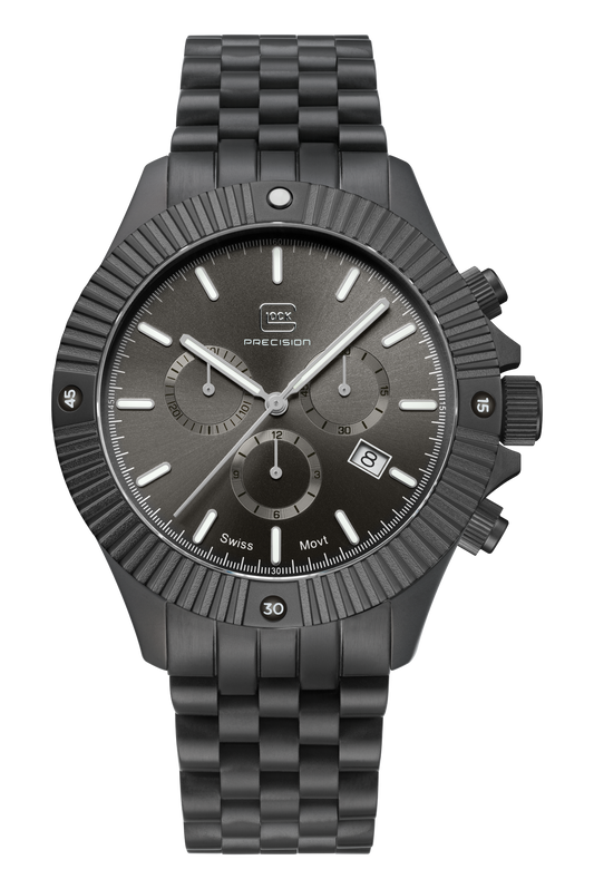 A PRECISION Swiss Montblanc chronograph watch with a dark gunmetal gray and black stainless steel case and integrated link bracelet, featuring a dark gray dial with white indices and a date window.