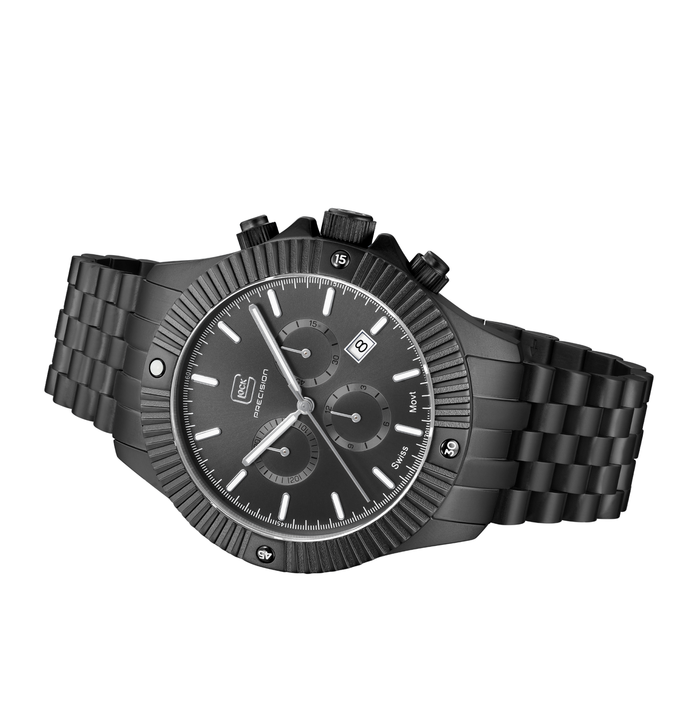 A black chronograph watch with a matching black metal link bracelet, featuring a textured bezel, black dial with silver-tone indices, and a date window.