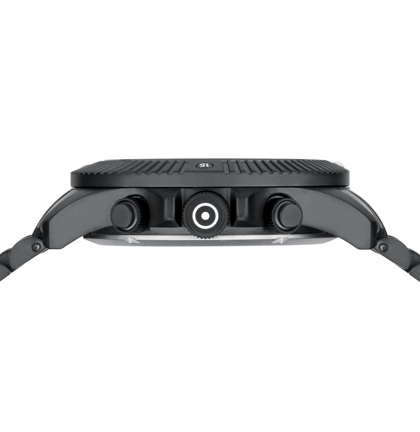Close-up side view of a rugged black smartwatch or fitness watch showing the side buttons and textured bezel on a white background.