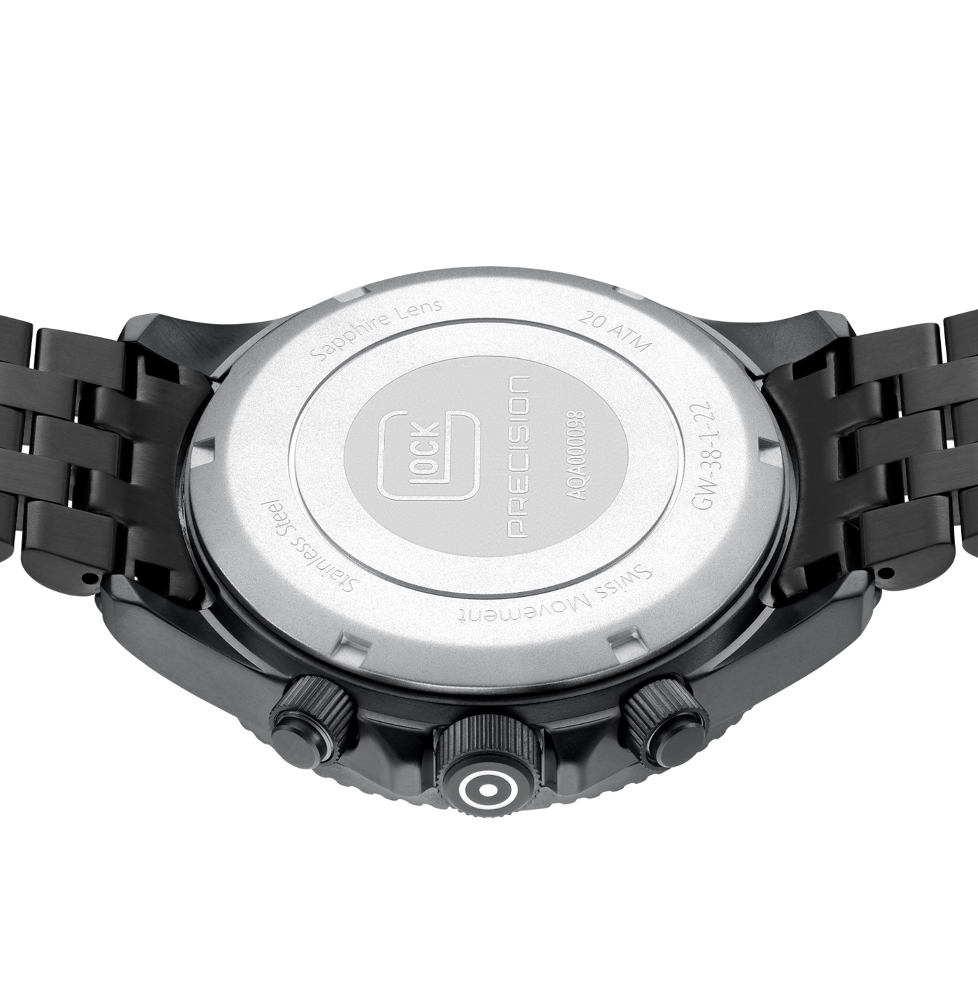 The back of a black watch with a metal link bracelet, featuring a brushed silver case back engraved with 'PRECISION' and 'SWISS Movement'.