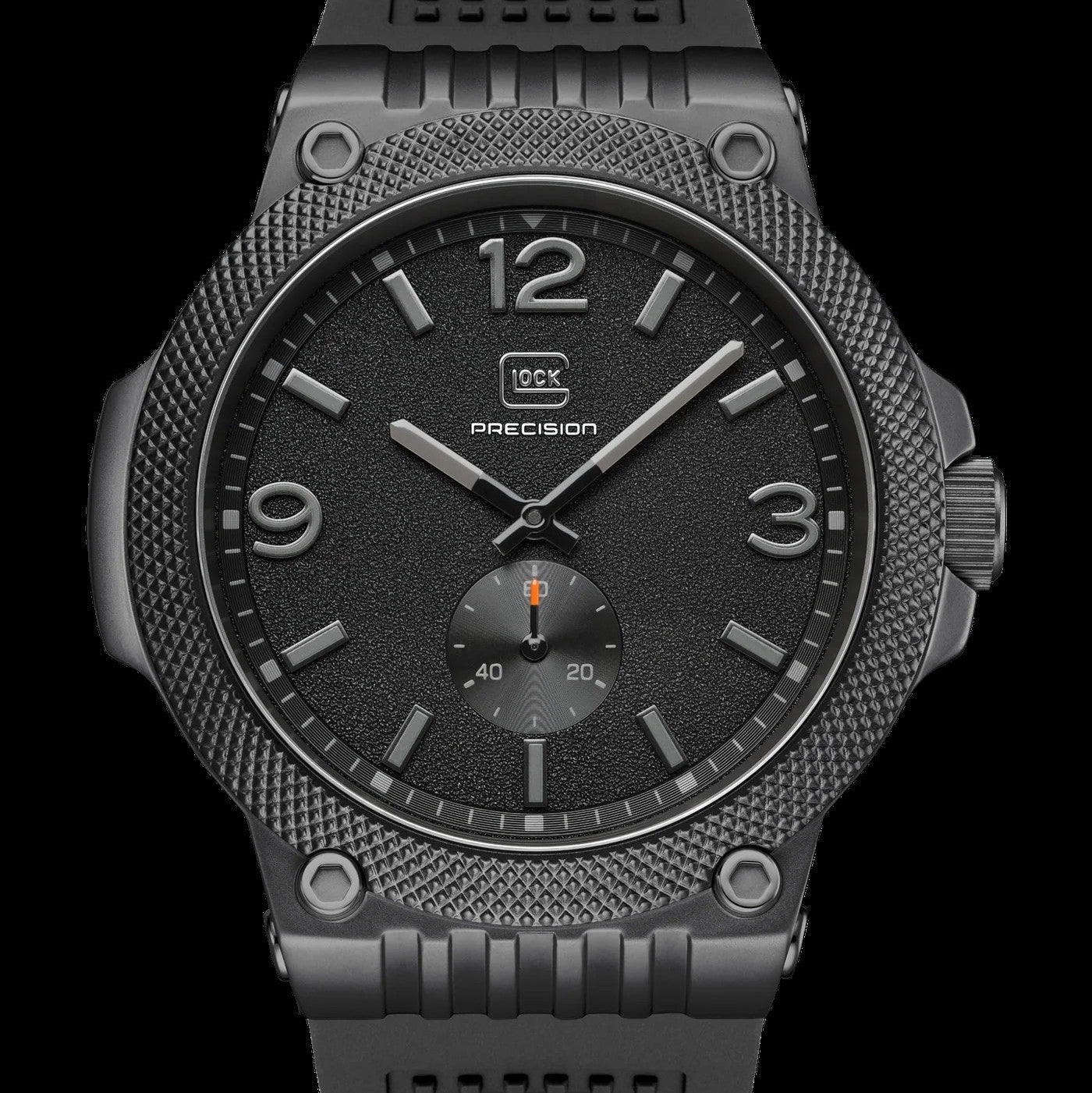 A rugged black tactical watch with a textured bezel, black dial, and black textured strap, shown against a solid black background.