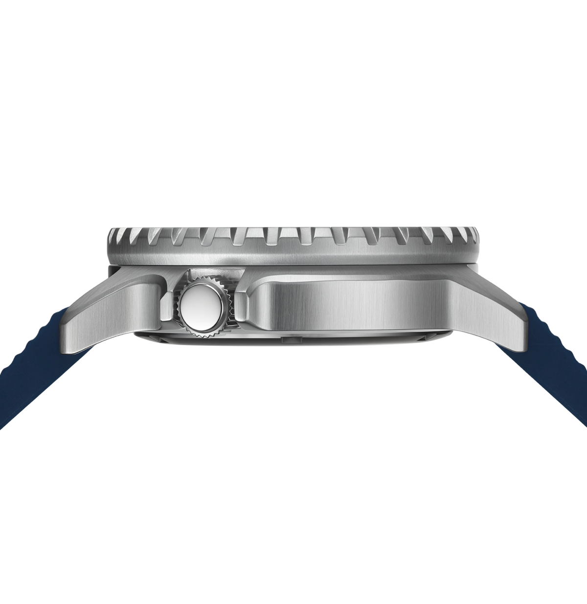 Close-up side profile of a stainless steel watch case with a textured bezel and a dark blue strap on a white background.
