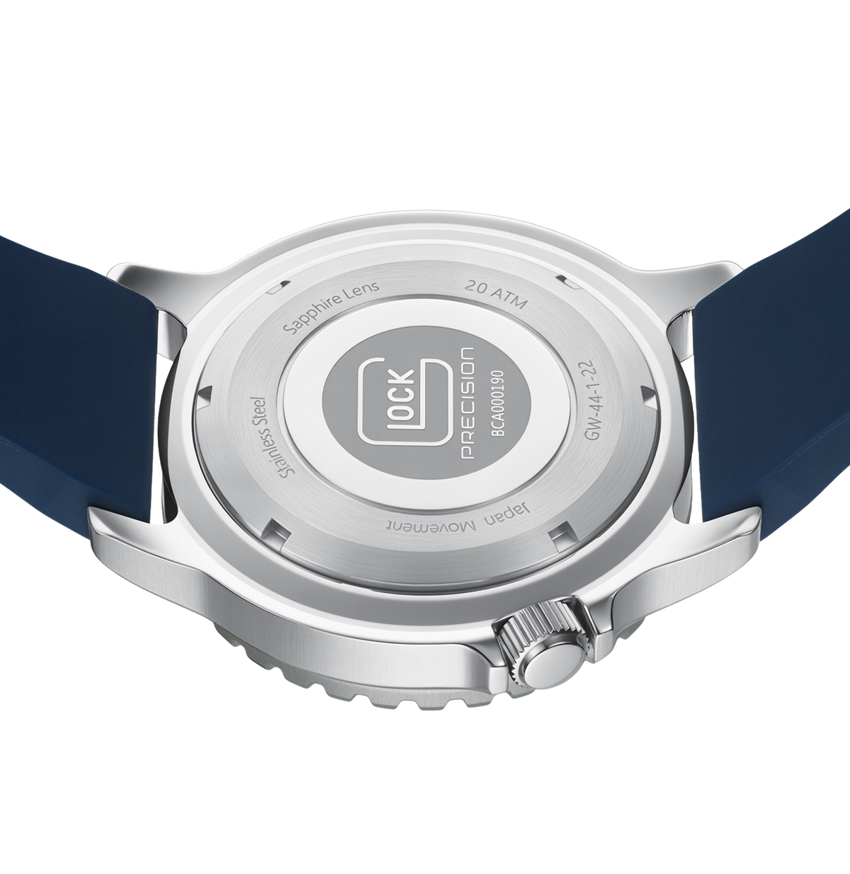 Close-up of the back of a glockwatch with a silver metal case, a dark blue silicone strap, and a central GLOCK Precision logo on the case.