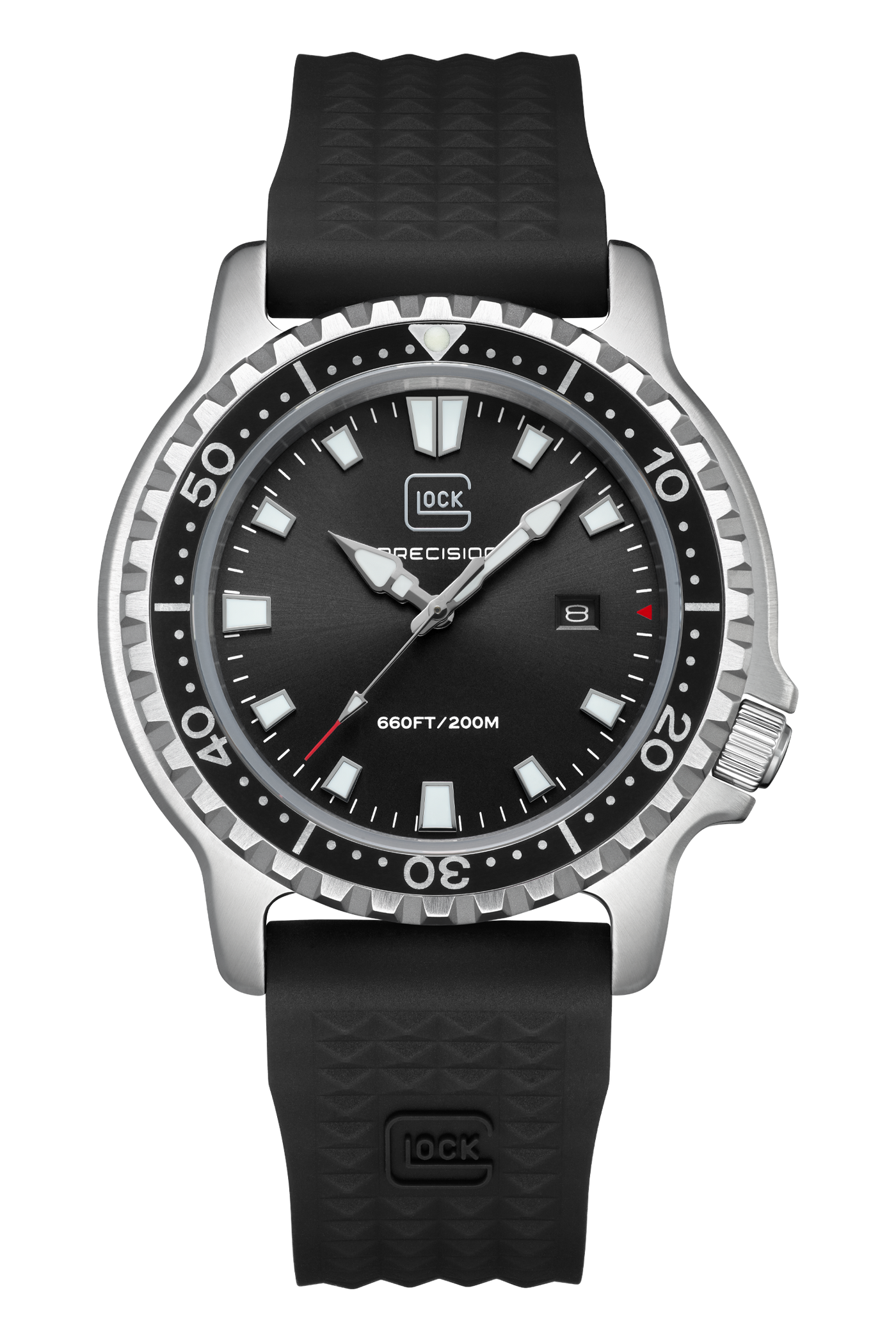 Black wristwatch with a detailed face on a white background