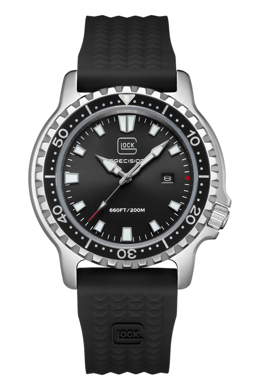 Black wristwatch with a detailed face on a white background