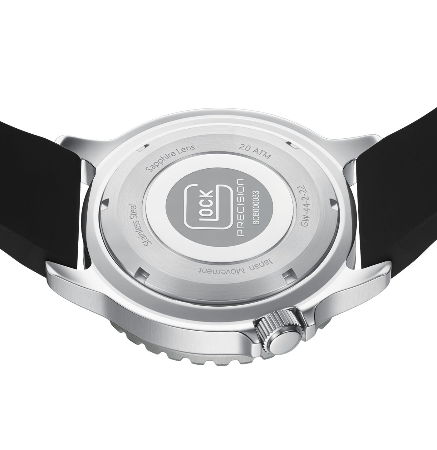 Close-up of a watch case with brand logo and specifications on a white background