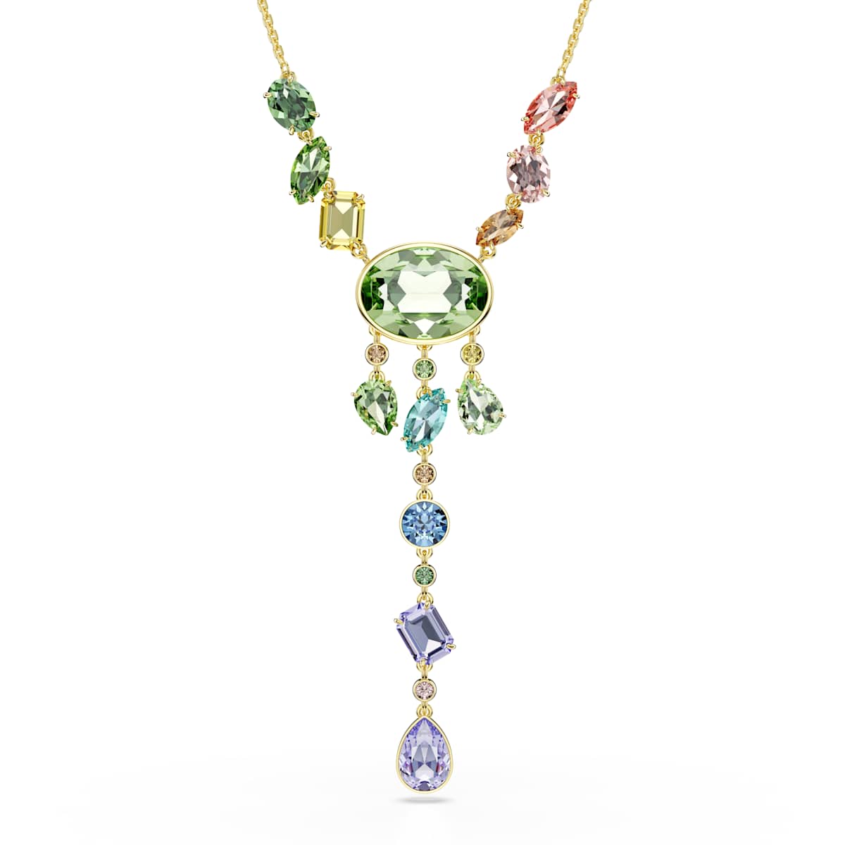 Multicolored gemstone necklace on a white background