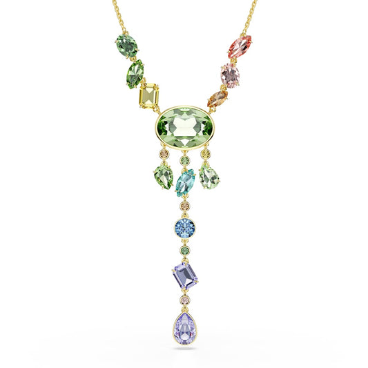 Multicolored gemstone necklace on a white background