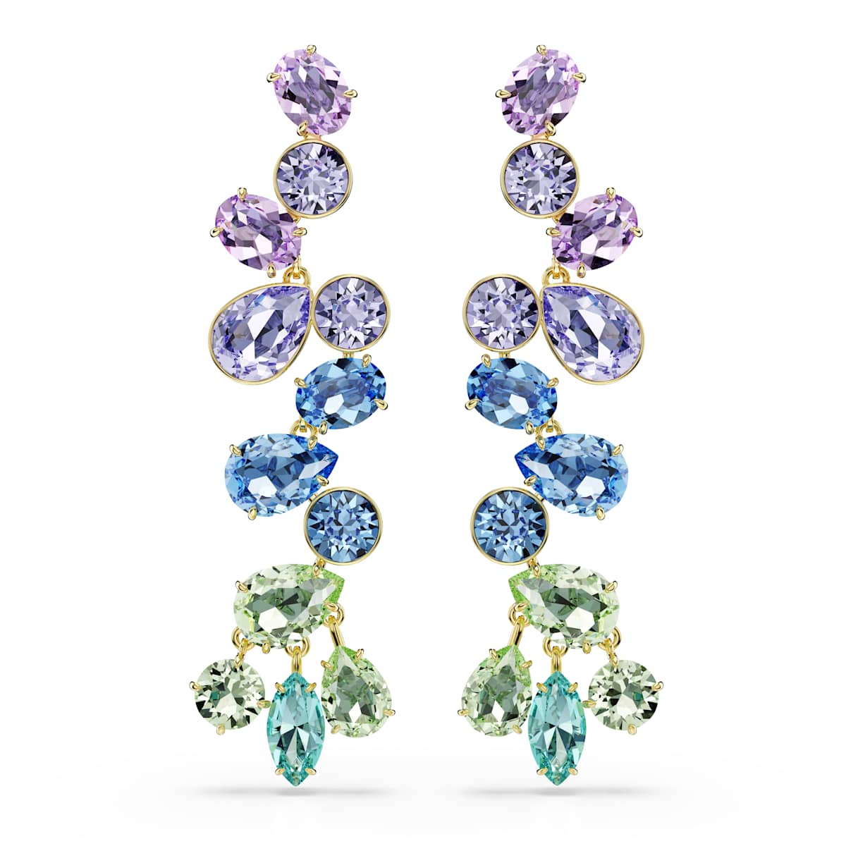 Multicolored gemstone earrings on a white background
