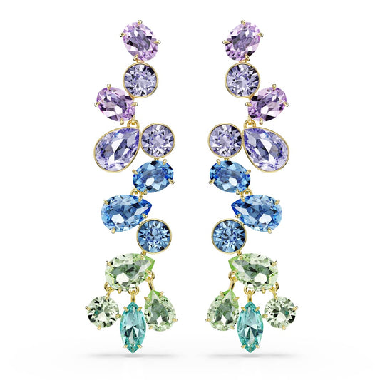 Multicolored gemstone earrings on a white background