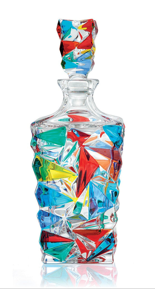 A colorful, geometric patterned Murano glass decanter with a narrow neck and a round, multi-colored Decanter.