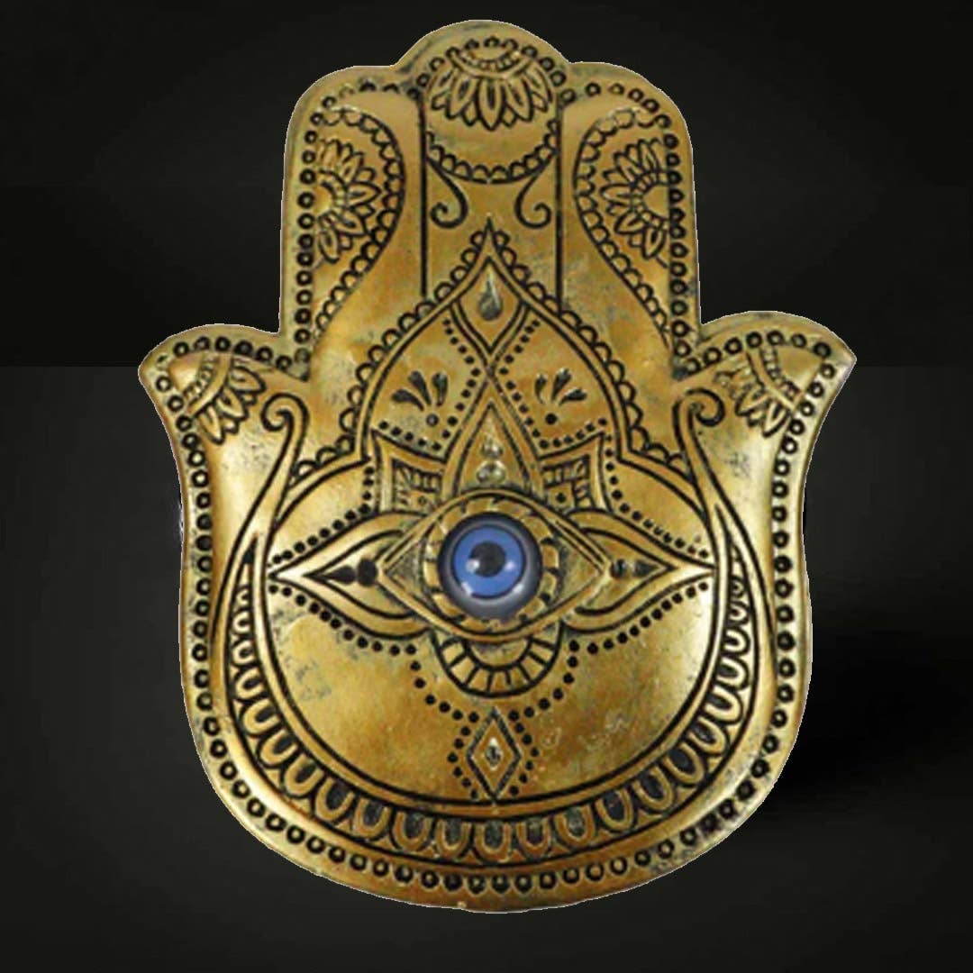 Decorative Hamsa hand with eye design on a black background