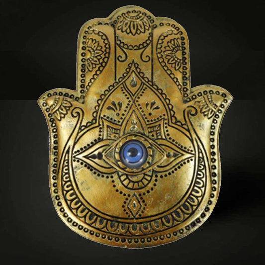 Decorative Hamsa hand with eye design on a black background