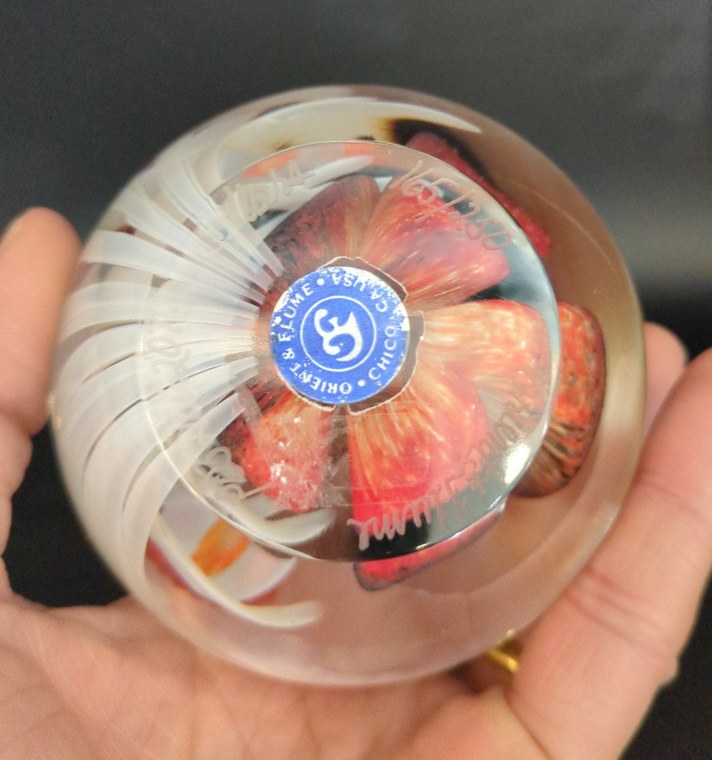 Hand holding a transparent paperweight logo and item number on a dark background