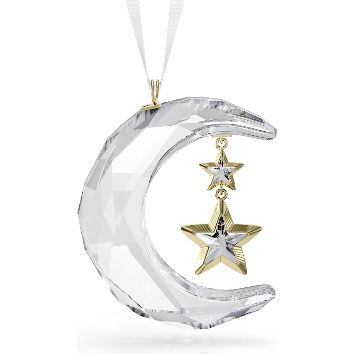 A crystal crescent moon ornament with two stars dangled from it, one in gold tone and one in silver, attached by a white ribbon.