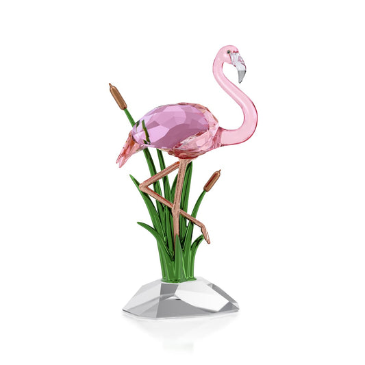 Pink flamingo figurine on a white background