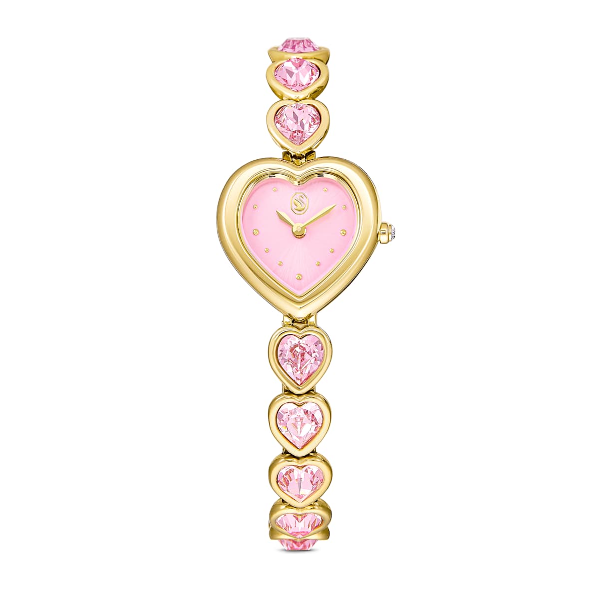 Heart-shaped watch with pink gemstones on a white background