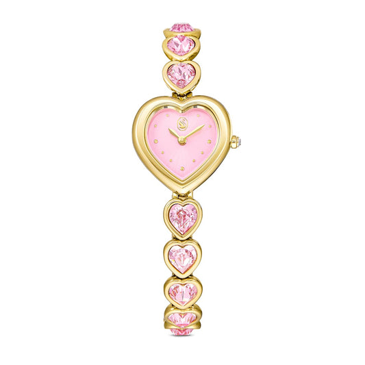 Heart-shaped watch with pink gemstones on a white background