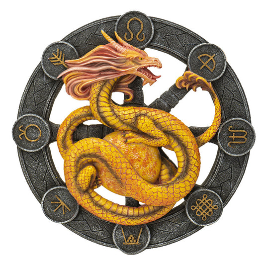 Decorative emblem with a dragon design on a white background