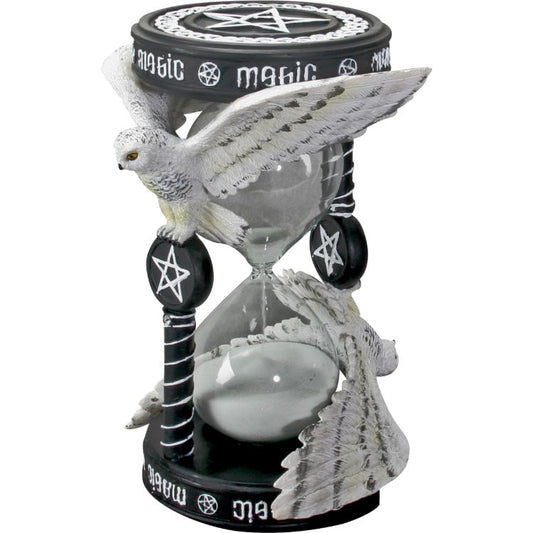 Hourglass with winged creature design on a white background