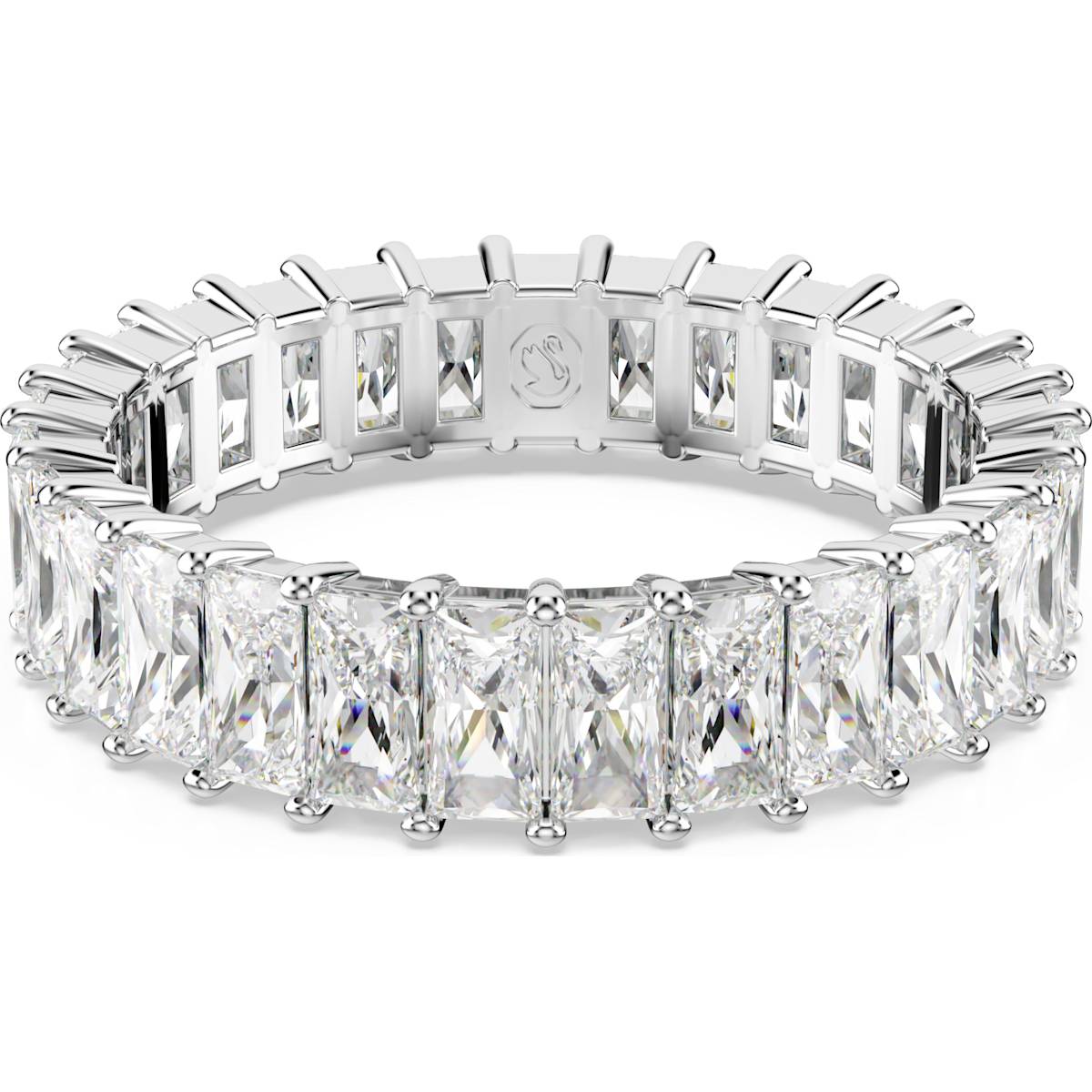 A rhodium-plated ring with baguette cut white crystals around the entire band.
