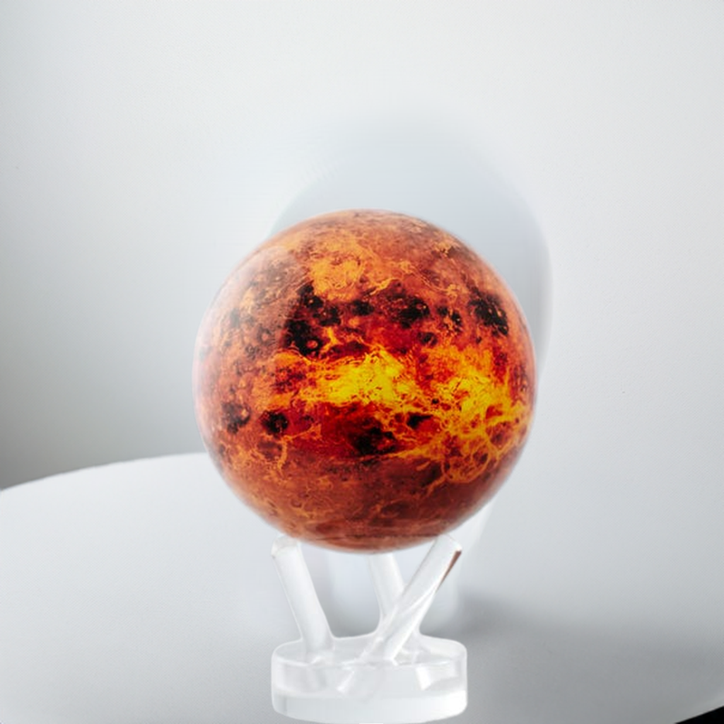 A 4.5 inch diameter globe representing the planet Venus with a bold red and orange color scheme, placed on a clear stand.