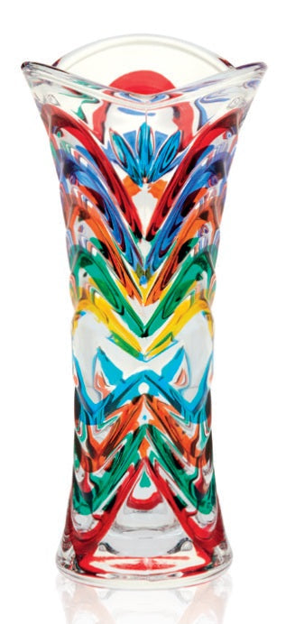 A 7 inch tall multicolored geometric-patterned bud vase