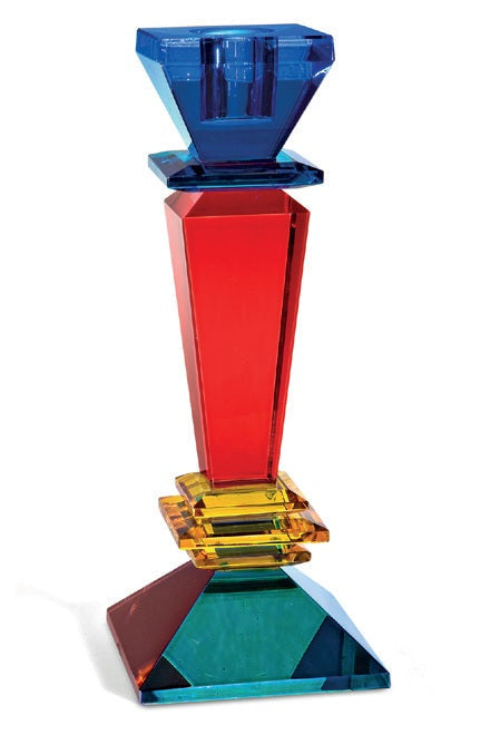 A 9-inch tall multicolored glass candle holder with a wine glass shape, featuring blue at the top, red at the bottom, and a touch of yellow.