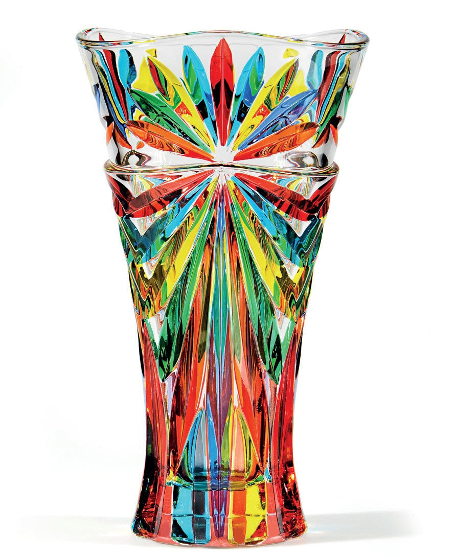 Colorful glass vase with a geometric pattern on a white background