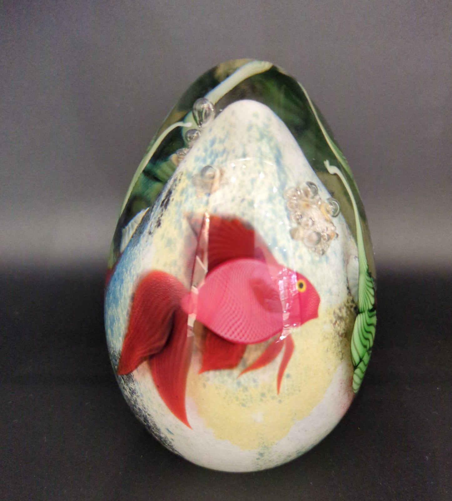 Paperweight with a gold fish design on a dark background