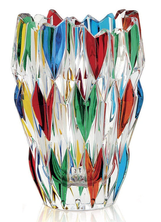A multicolored Murano glass vase with a geometric pattern, 6 inches tall, on a white background.