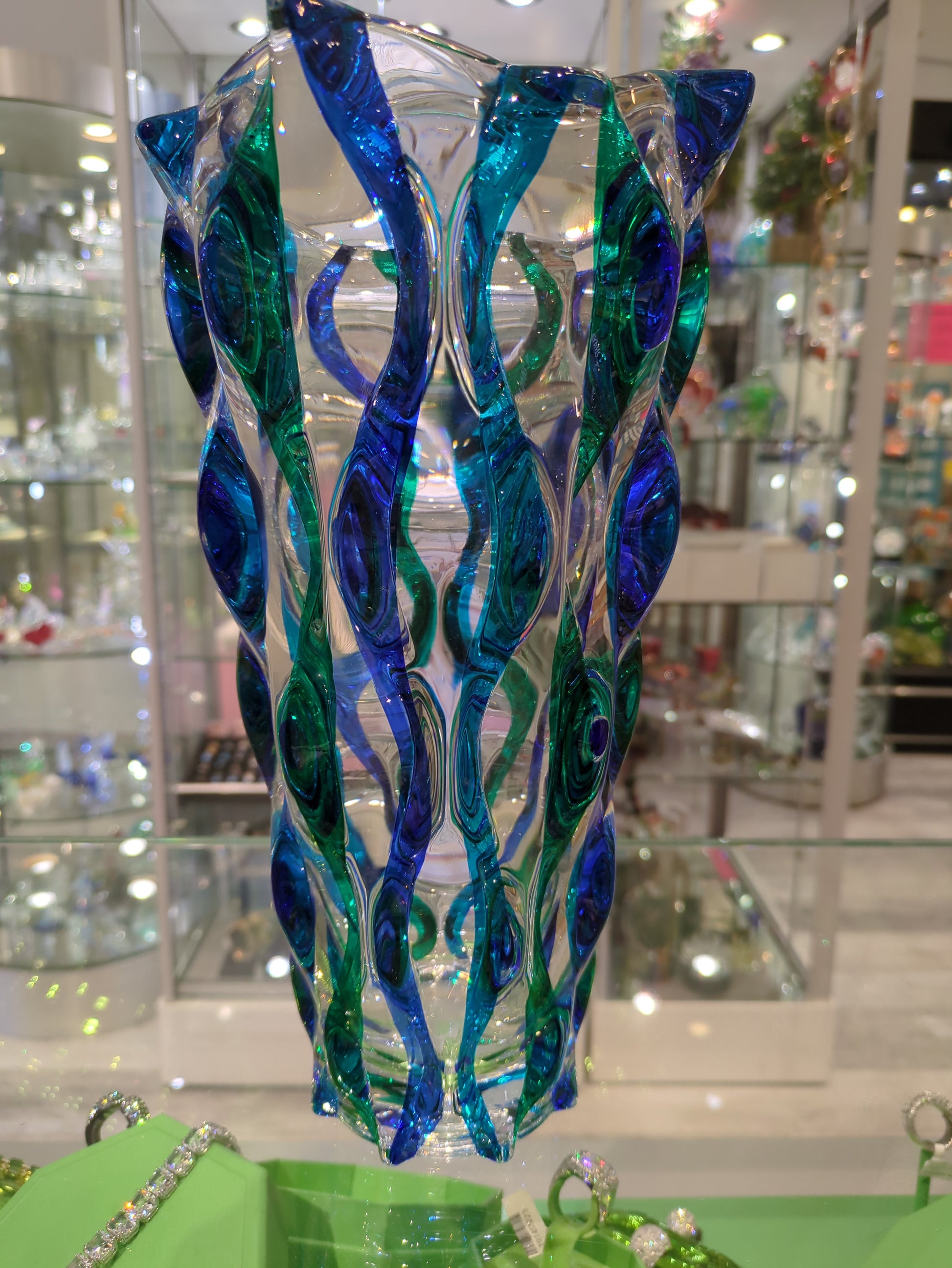 Ribbon vase VA540 H 12" TALL Blue and Green