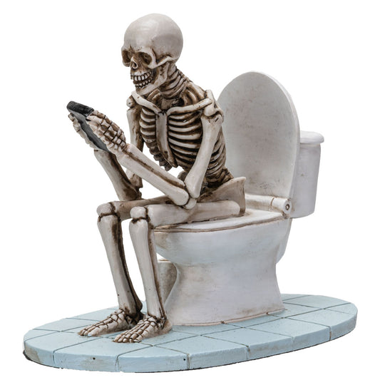 Skeleton sitting on a toilet using a smartphone on a white background