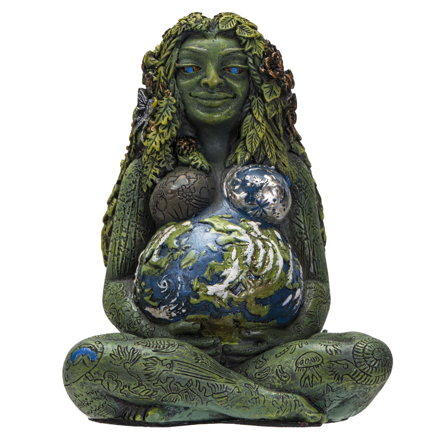 Statue of a green-skinned figure with blue eyes, holding three spherical objects on a white background.