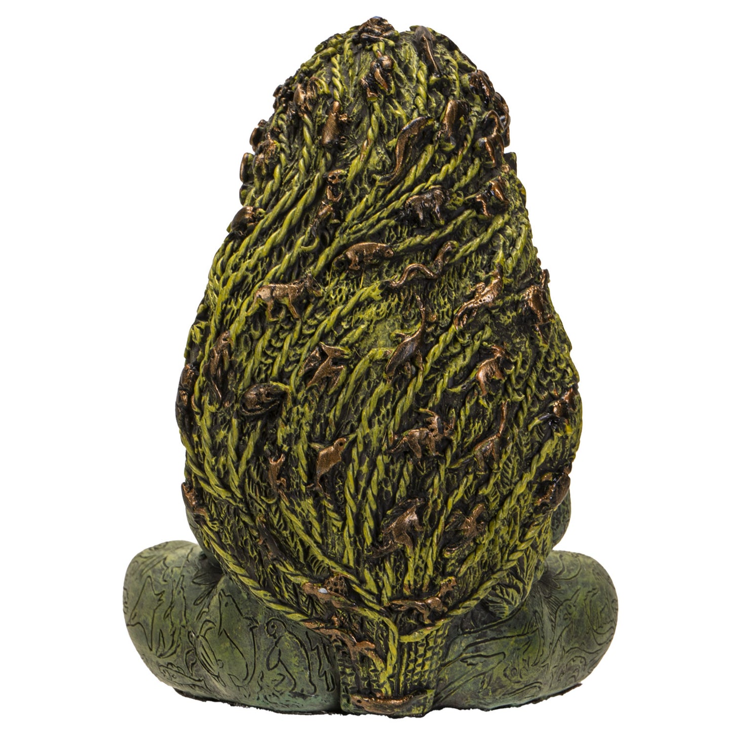 Decorative artichoke-shaped object with small figures on a white background