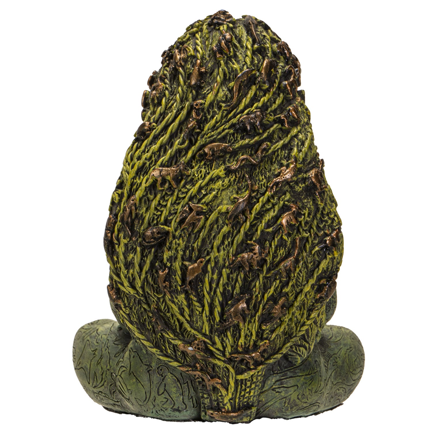 Decorative artichoke-shaped object with small figures on a white background