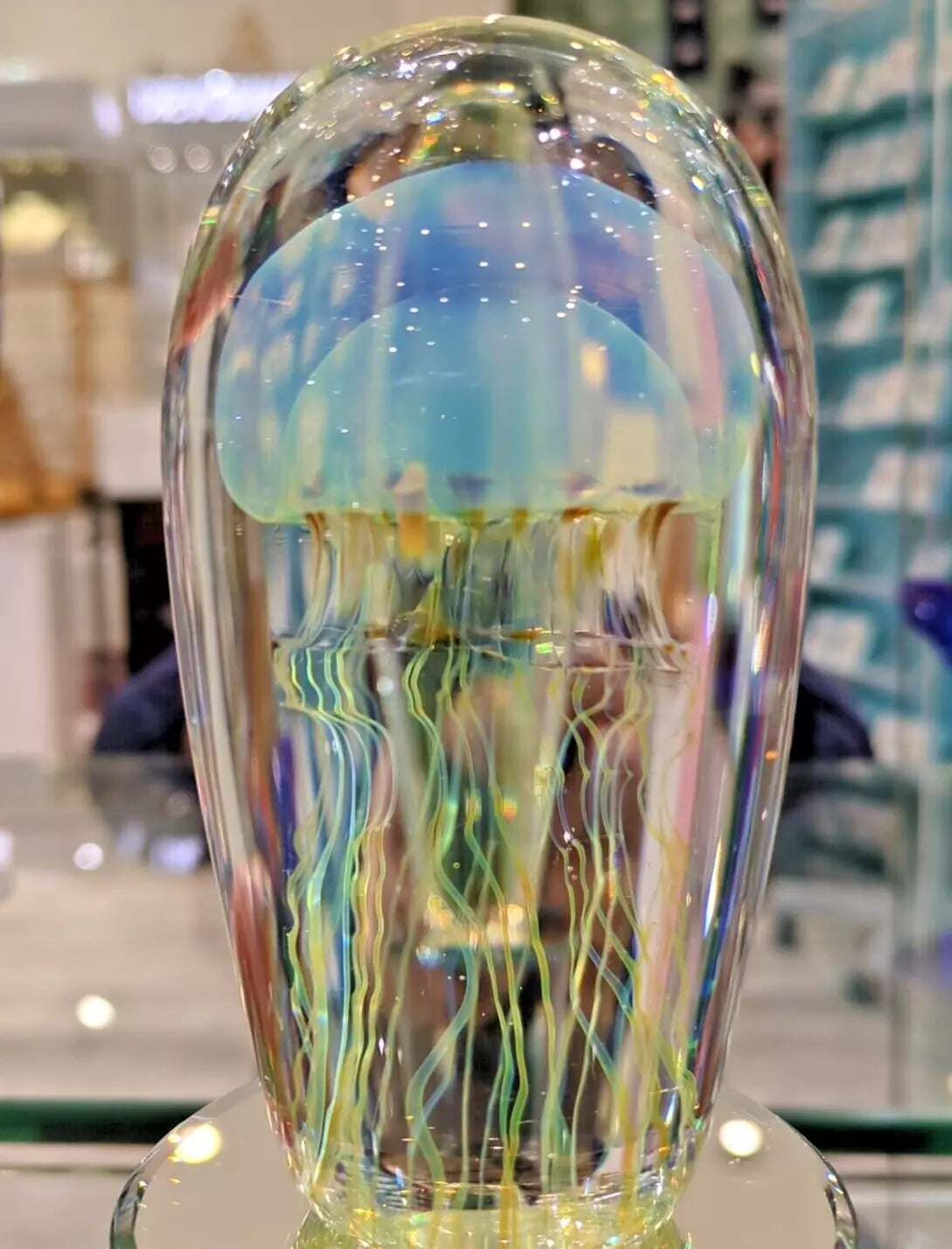 Satava Art glass sculpture of a jellyfish with a clear dome shape, featuring a blue and gold band with colorful, wispy tentacles inside.